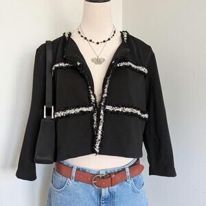 Y2K Black Cropped Cardigan L/XL Madison Leigh Bouclé Trim Open Front Vtg